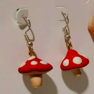 Handmade mushroom drop dangle super Mario Brothers theme earrings.